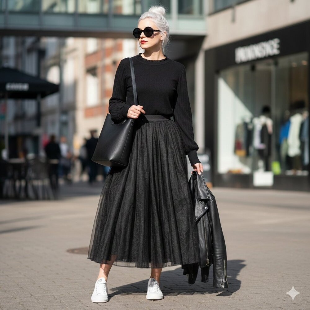 NWOT Sioni black sweater with tonal contrast sheer statement sleeves & trim, XL